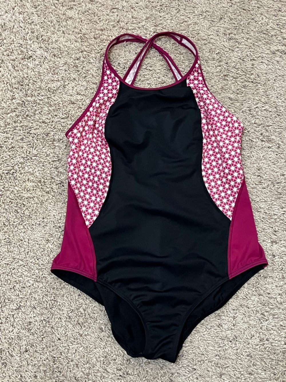 Lands End Black Pink Fuchsia & Pink Floral Print One Piece Swimsuit Women’s 14